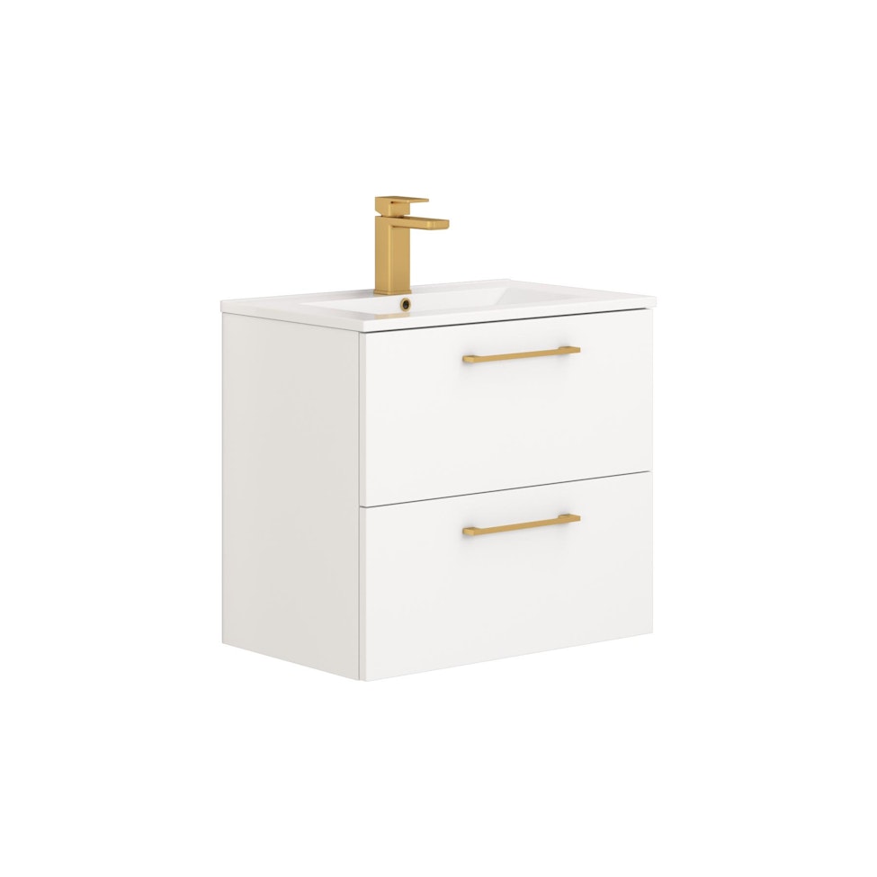 Modena 800mm Satin White Wall Hung Vanity Unit 2 Drawer Minimalist Basin With Brushed Brass Handle