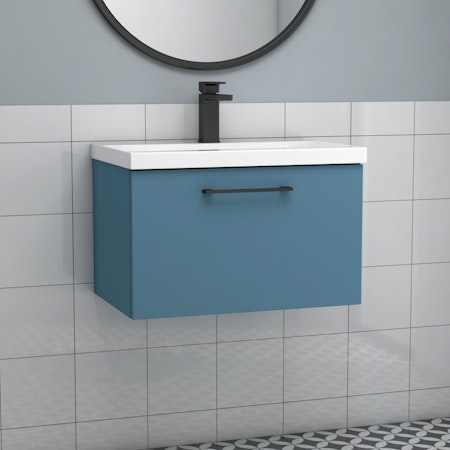 Modena Satin Blue 1 Drawer Wall Mounted Vanity Unit with Mid-Edge Basin - Optional Size & Handles
