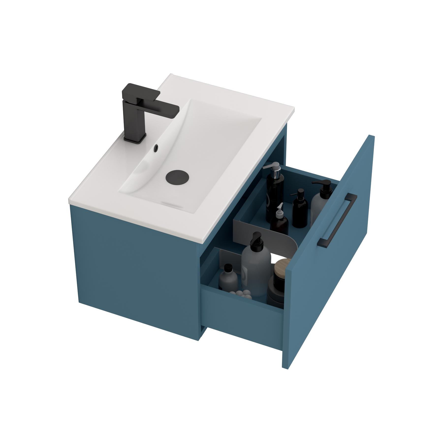 Modena 800mm Satin Blue Wall Hung Vanity Unit 1 Drawer Minimalist Basin With Black Handle