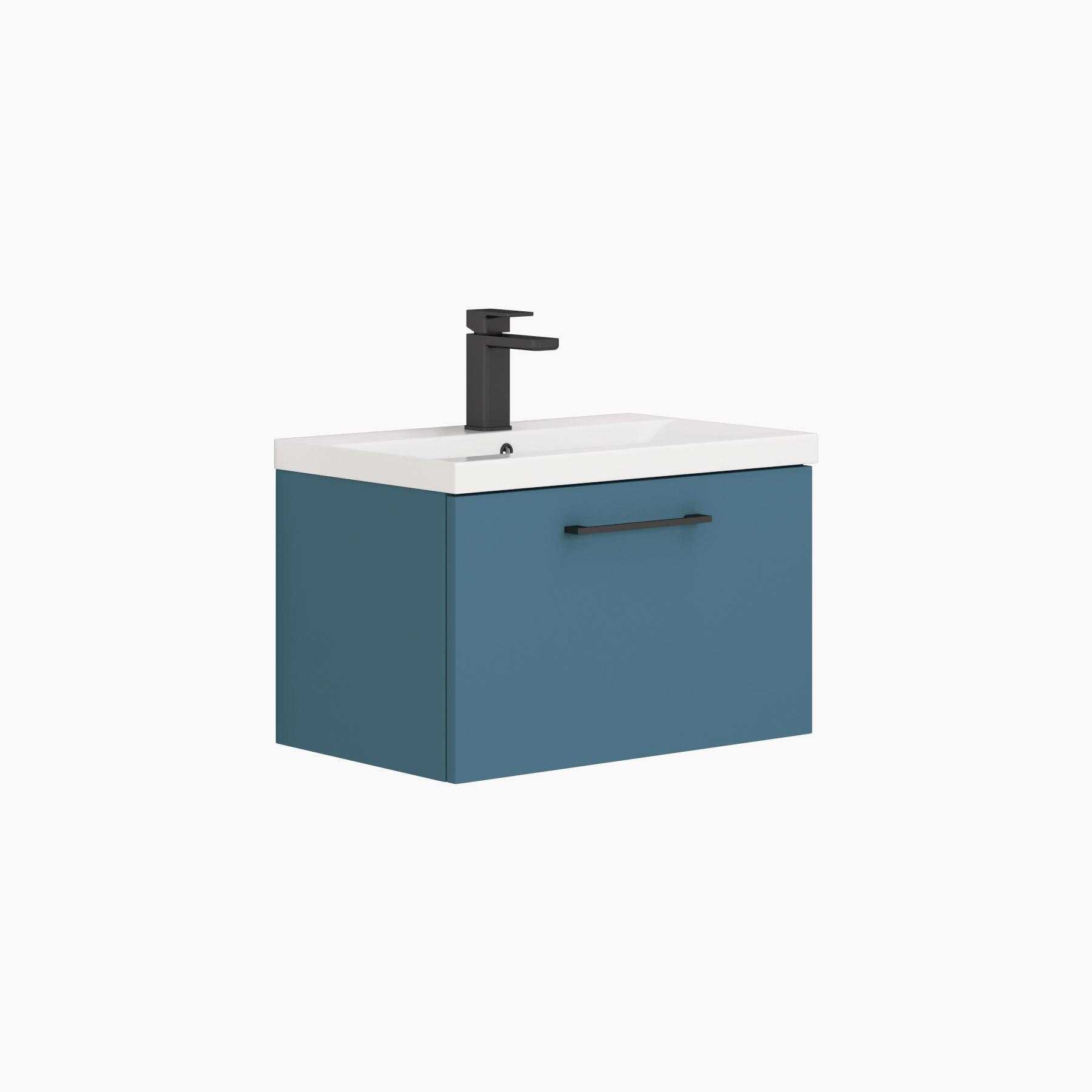 Modena 800mm Satin Blue Wall Hung Vanity Unit 1 Drawer Mid-Edge Basin With Black Handle