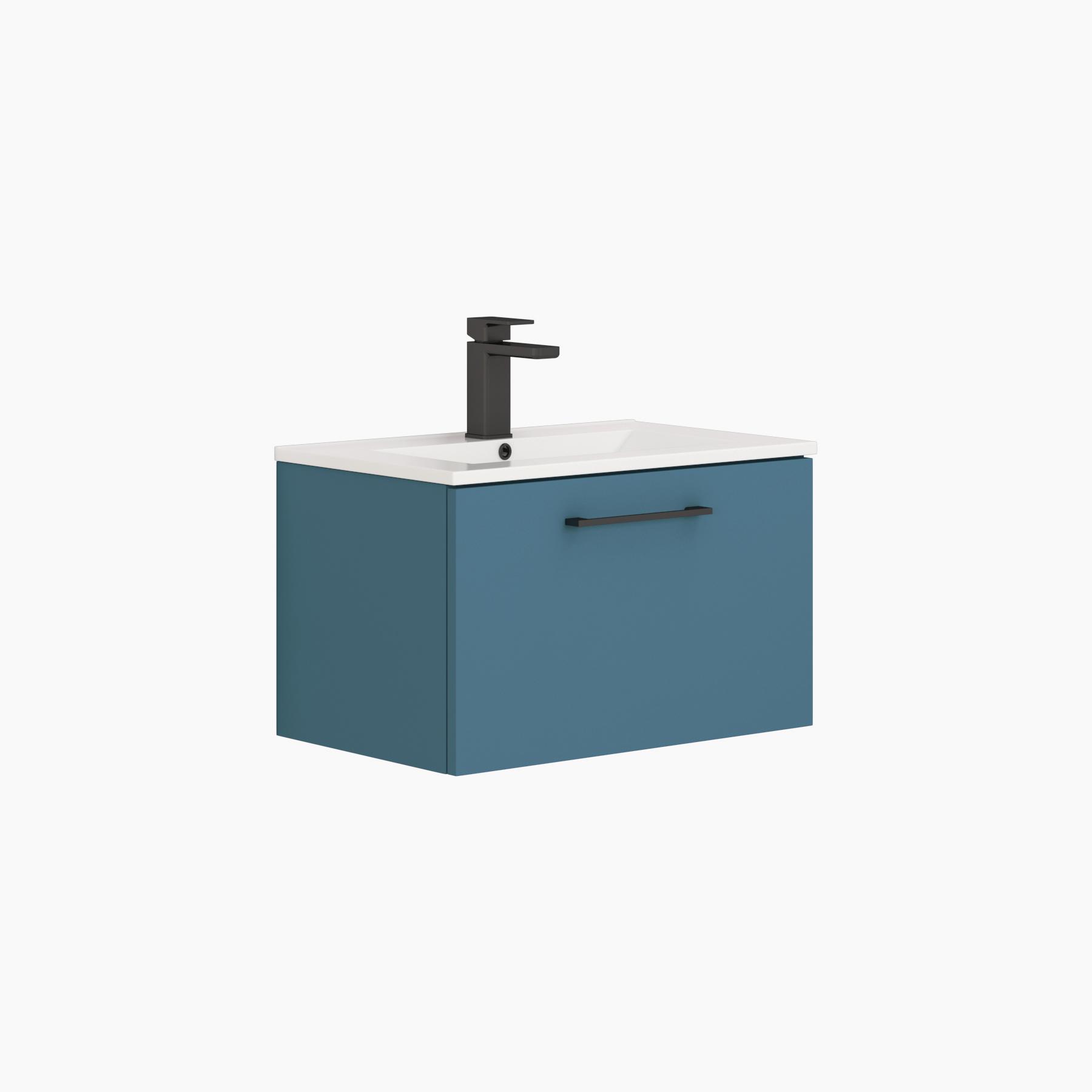 Modena 800mm Satin Blue Wall Hung Vanity Unit 1 Drawer Minimalist Basin With Black Handle
