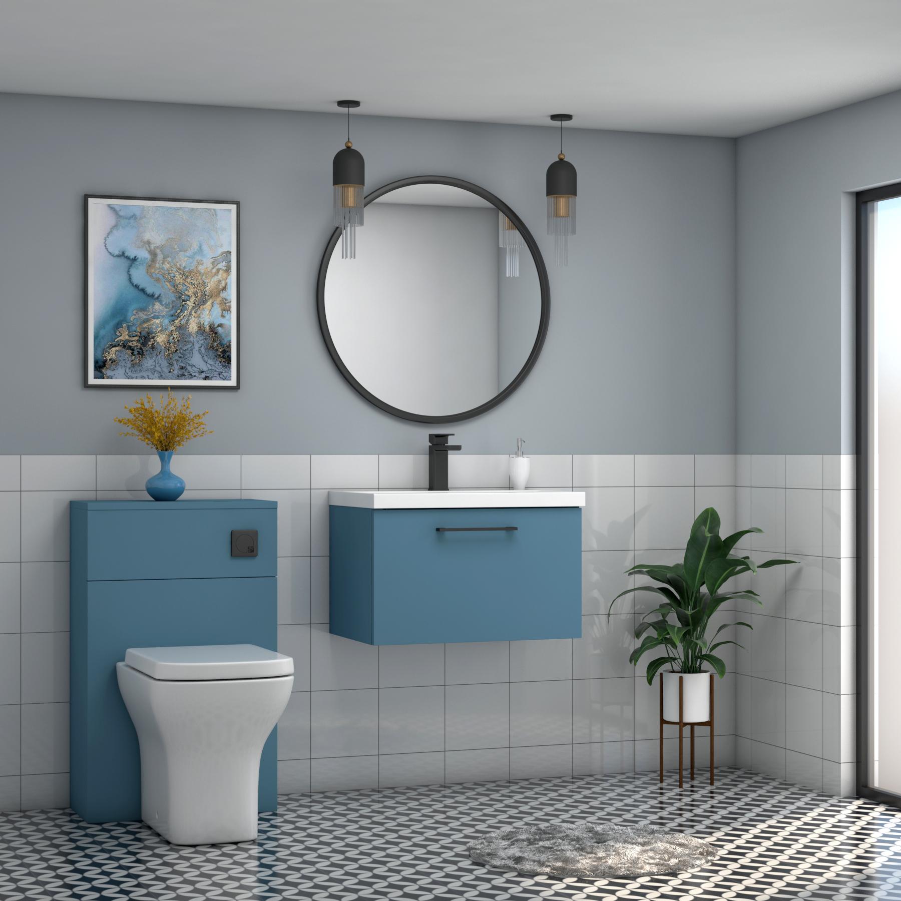 Modena 800mm Satin Blue Wall Hung Vanity Unit 1 Drawer Minimalist Basin With Black Handle