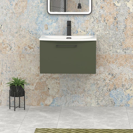 Modena Satin Green 1 Drawer Wall Mounted Vanity Unit with Curved Basin - Optional Size & Handles