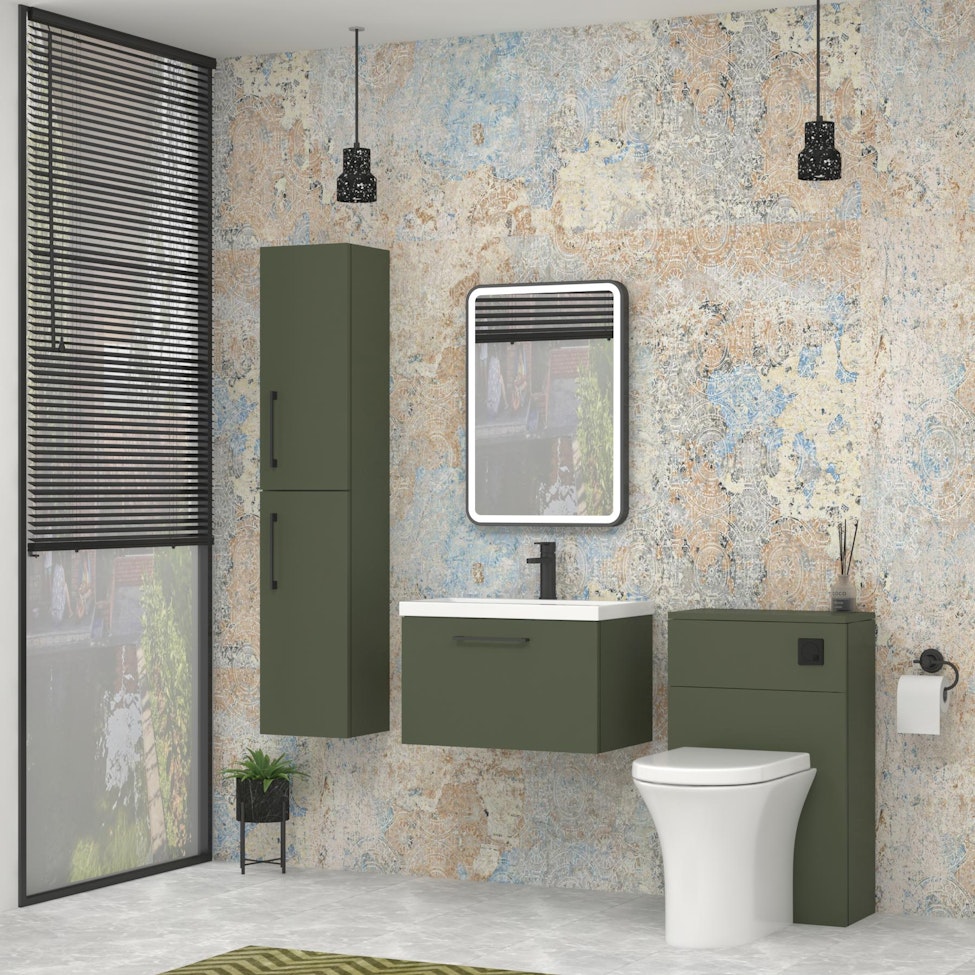Modena Satin Green 1 Drawer Wall Mounted Vanity Unit with Minimalist Basin - Optional Size & Handles
