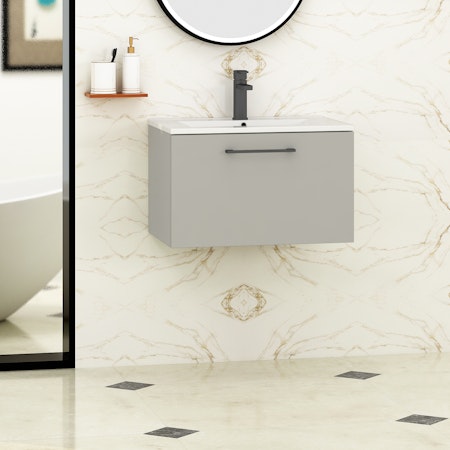 Modena Satin Grey 1 Drawer Wall Mounted Vanity Unit with Minimalist Basin - Optional Size & Handles