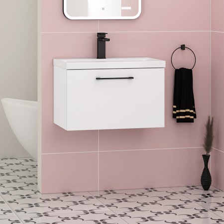 Modena 600mm Satin White Wall Hung Vanity Unit 1 Drawer Mid-Edge Basin With Black Handle
