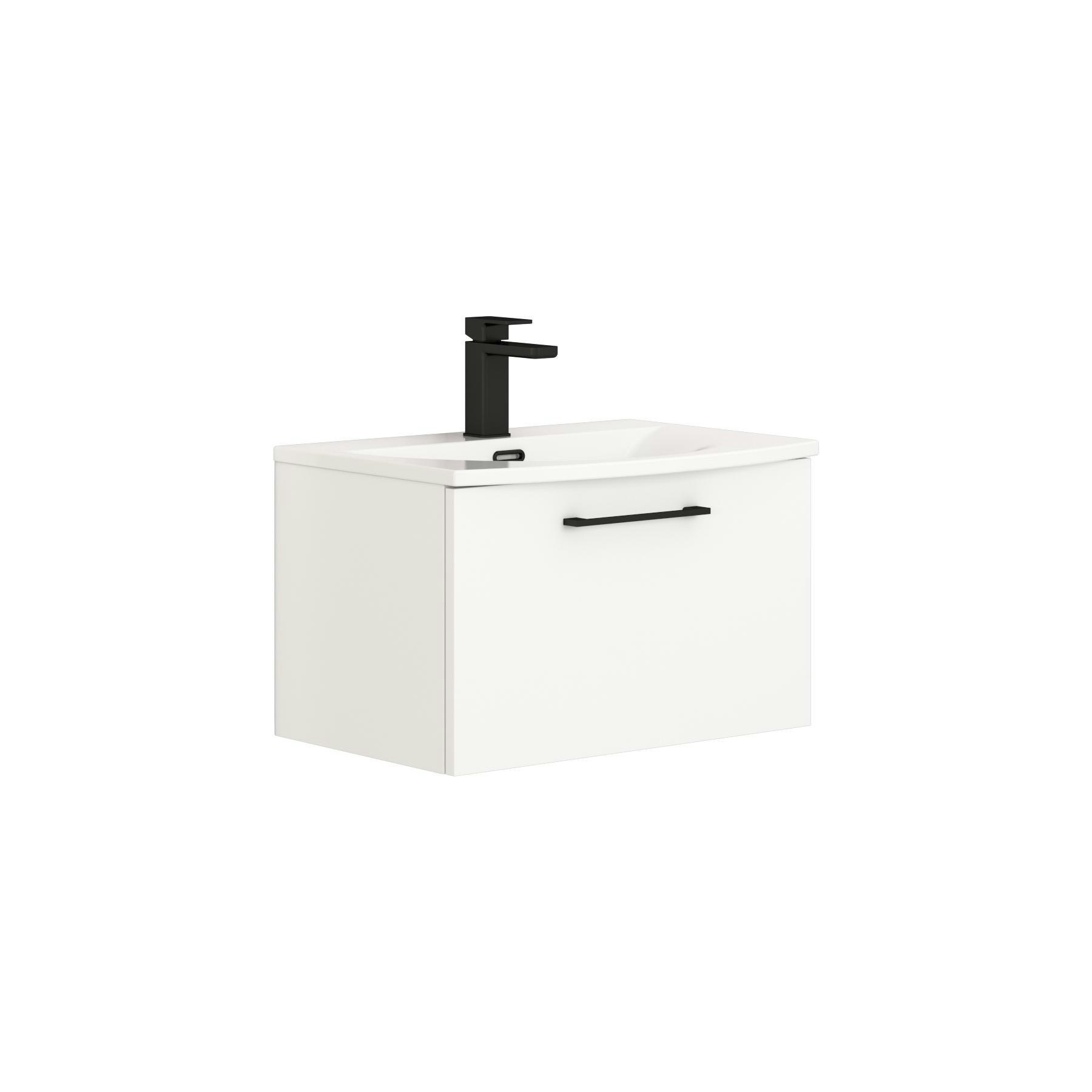Modena 600mm Satin White Wall Hung Vanity Unit 1 Drawer Curved Basin With Black Handle
