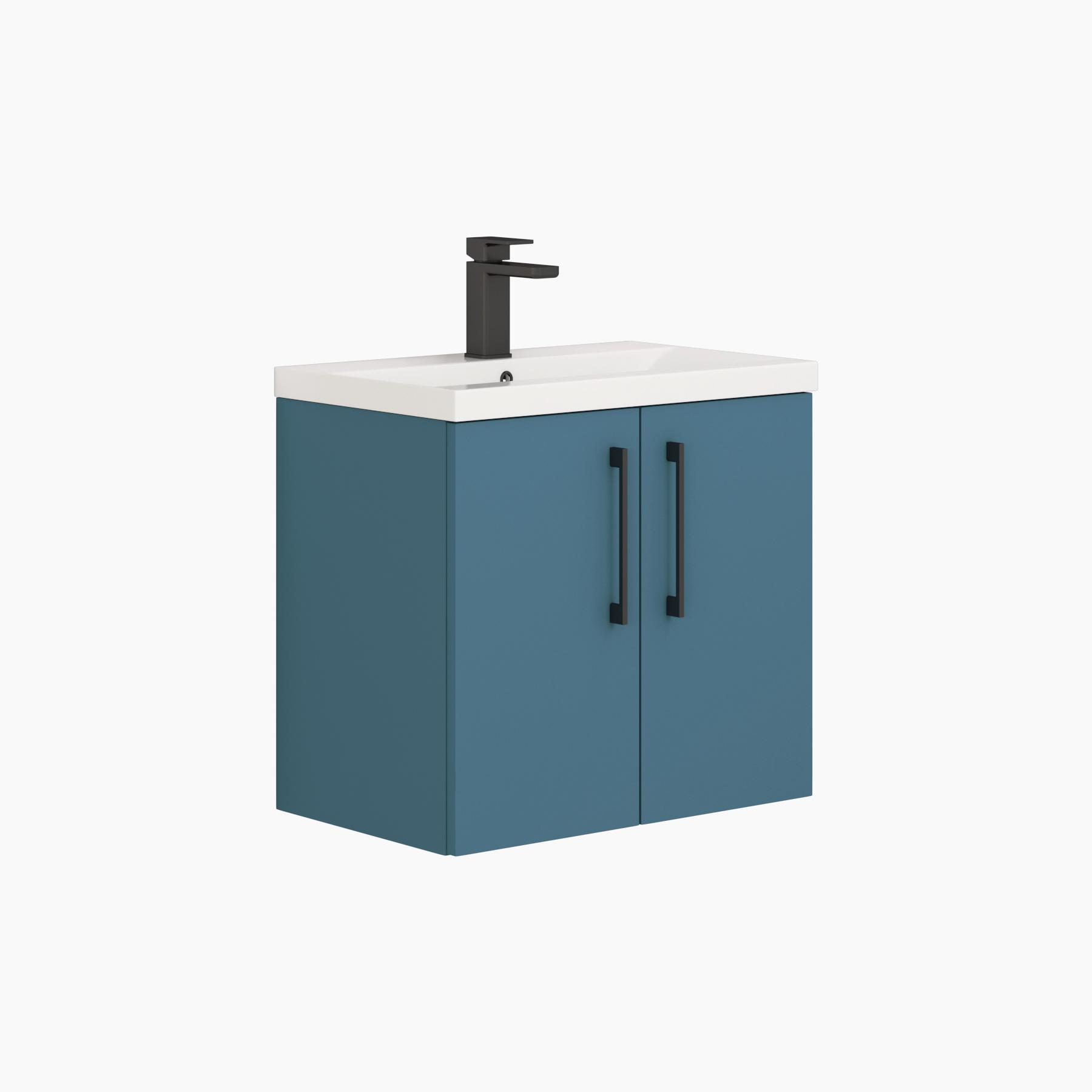 Modena 800mm Satin Blue Wall Hung Vanity Unit 2 Door Mid-Edge Basin With Black Handle