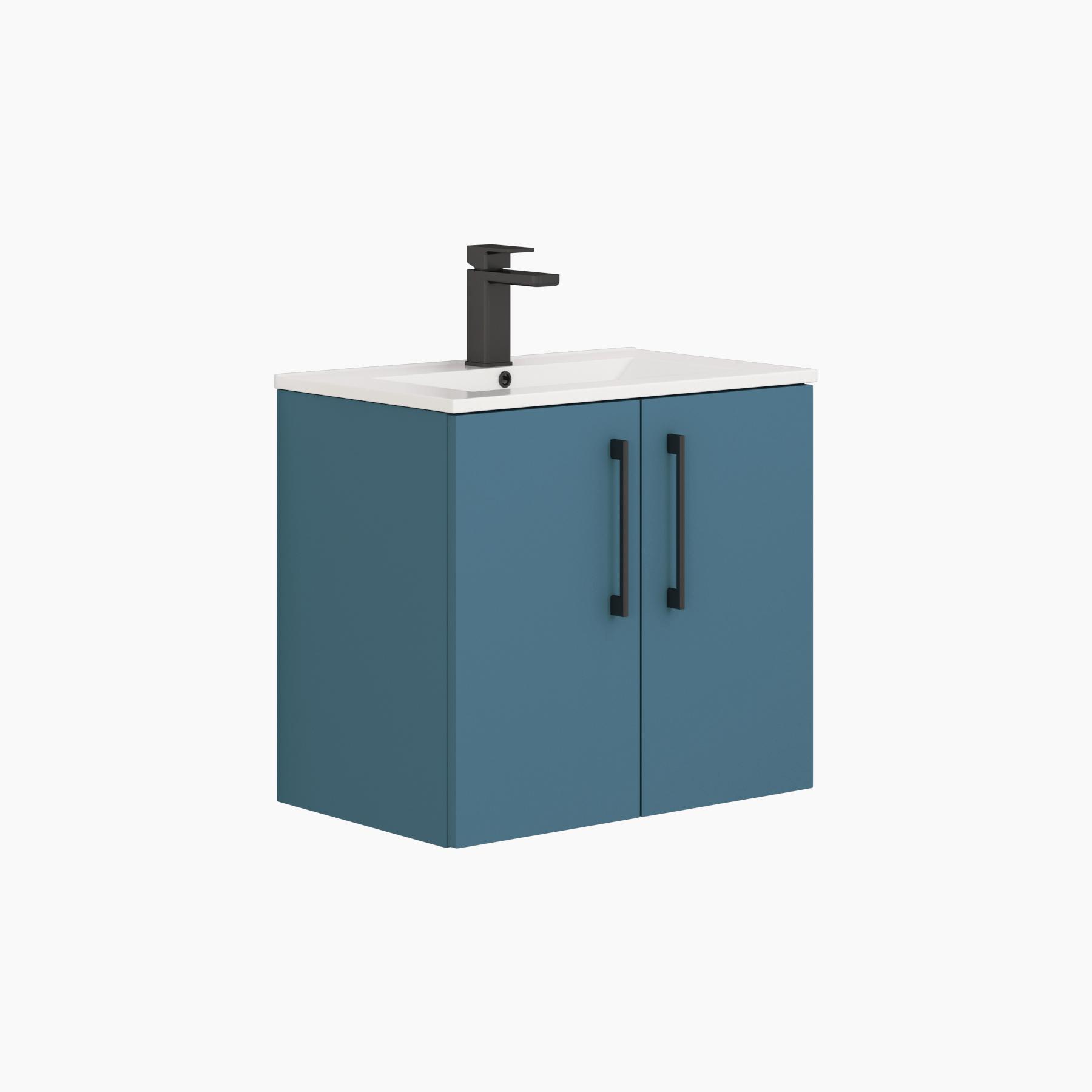 Modena 800mm Satin Blue Wall Hung Vanity Unit 2 Door Minimalist Basin With Black Handle