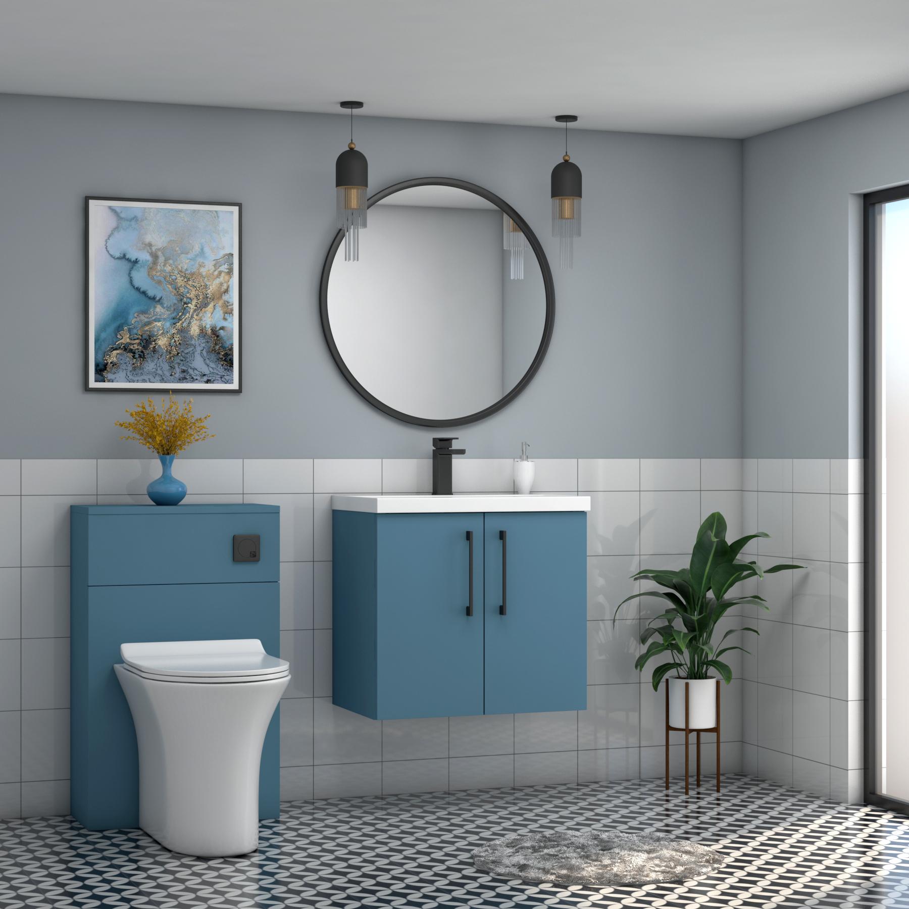 Modena 800mm Satin Blue Wall Hung Vanity Unit 2 Door Mid-Edge Basin With Black Handle