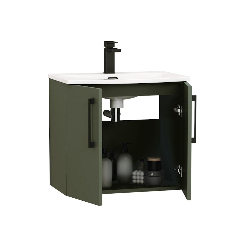 Modena Satin Green 2 Door Wall Mounted Vanity Unit with Curved Basin - Optional Size & Handles