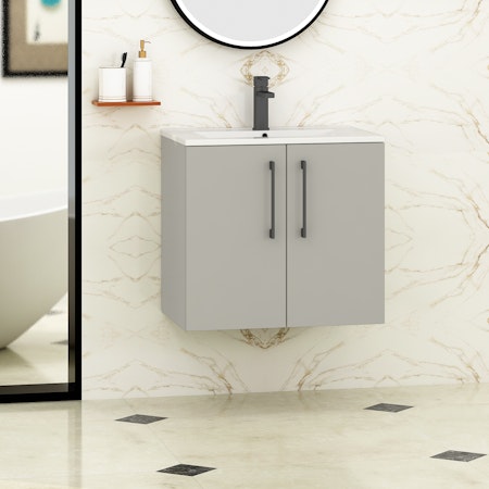 Modena Satin Grey 2 Door Wall Mounted Vanity Unit with Minimalist Basin - Optional Size & Handles