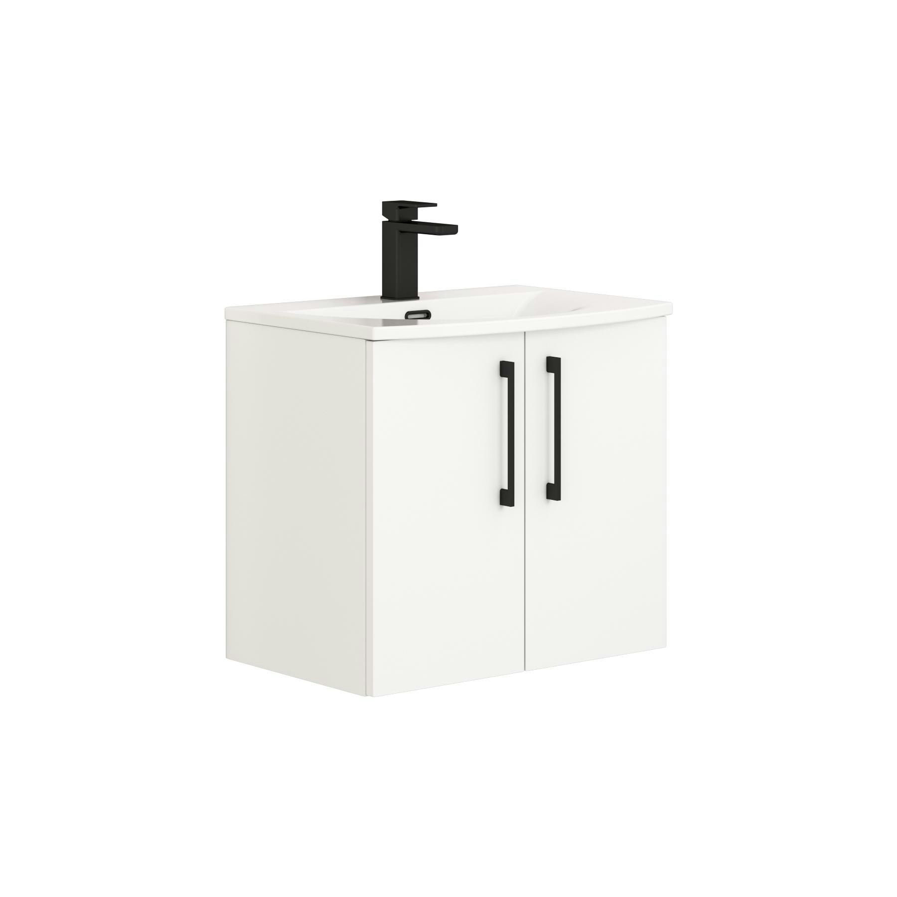 Modena 600mm Satin White Wall Hung Vanity Unit 2 Door Curved Basin With Black Handle