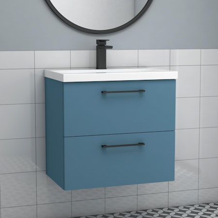 Modena Satin Blue 2 Drawer Wall Mounted Vanity Unit with Mid-Edge Basin - Optional Size & Handles