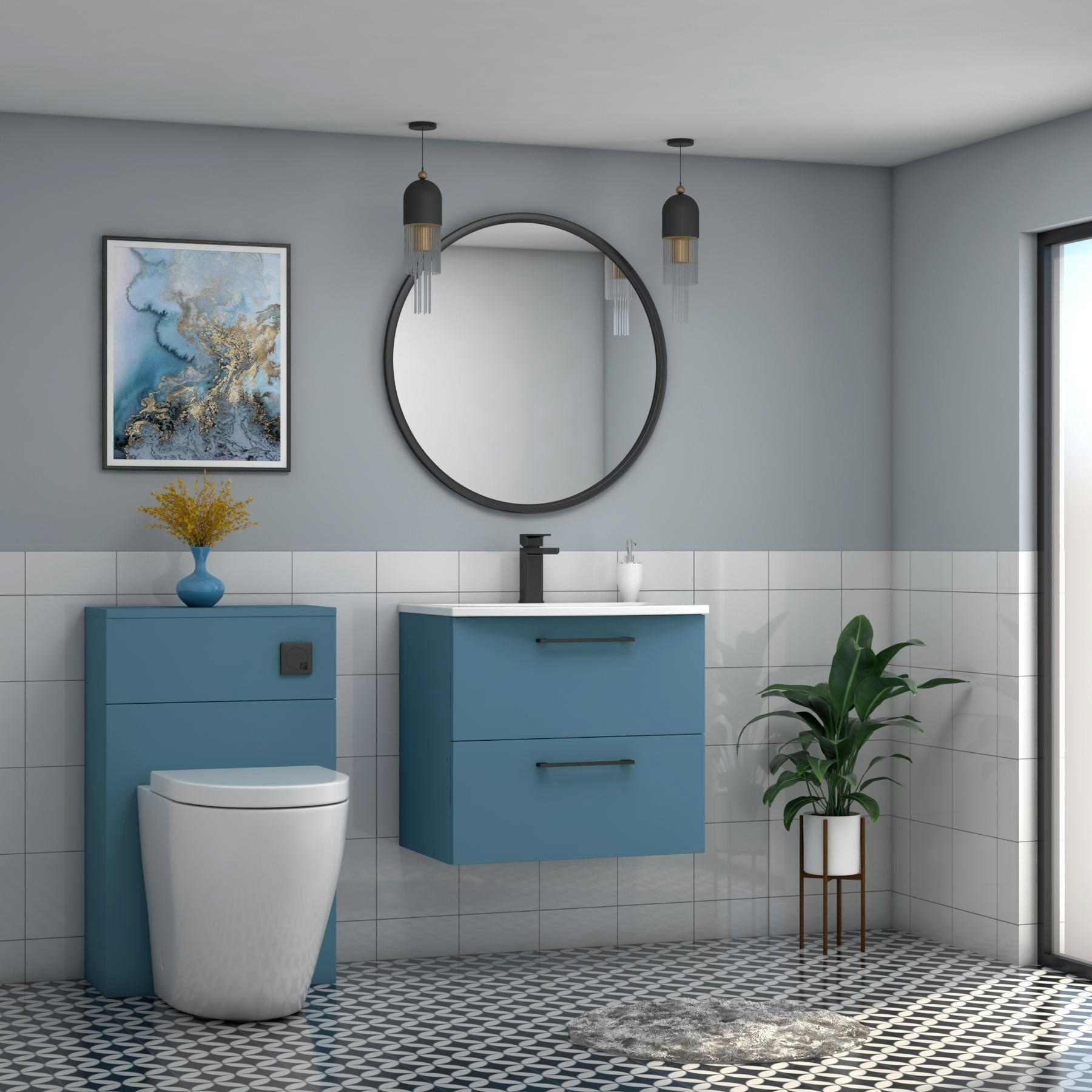 Modena Satin Blue 2 Drawer Wall Mounted Vanity Unit with Curved Basin - Optional Size & Handles