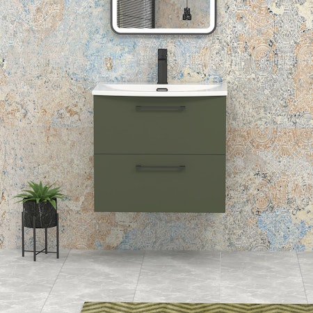Modena Satin Green 2 Drawer Wall Mounted Vanity Unit with Curved Basin - Optional Size & Handles