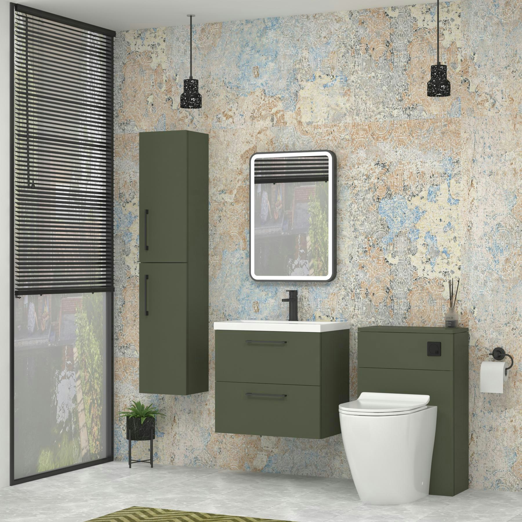 Modena Satin Green 2 Drawer Wall Mounted Vanity Unit with Minimalist Basin - Optional Size & Handles