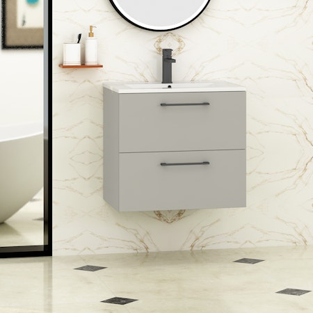 Modena Satin Grey 2 Drawer Wall Mounted Vanity Unit with Minimalist Basin - Optional Size & Handles