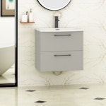 Modena 600mm Satin Grey Wall Hung Vanity Unit 2 Drawer Curved Basin With Black Handle