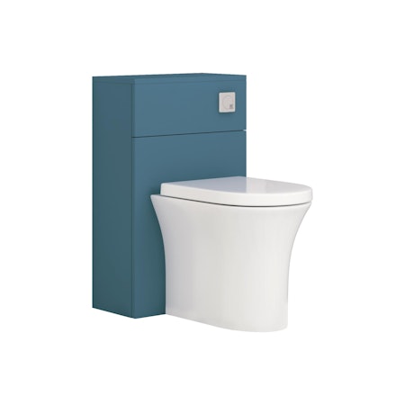 Modena 500mm Satin Blue BTW WC Unit with Breeze Rimless Toilet Pan & Seat, Cistern