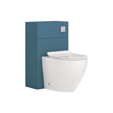 Modena 500mm Satin Blue BTW WC Unit with Abacus Rimless Toilet Pan & Slim Seat, Cistern 