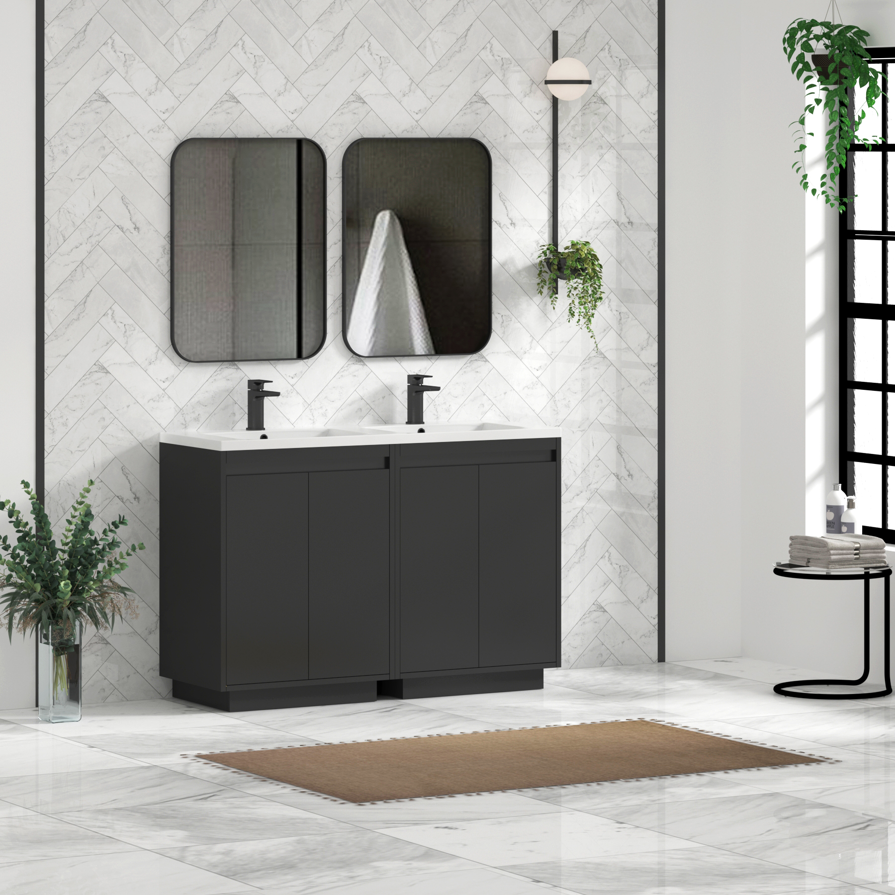 Orion 1200mm Matt Obsidian Black 4 Door Floor Standing Vanity Unit with Ceramic Basin & Accent Trim