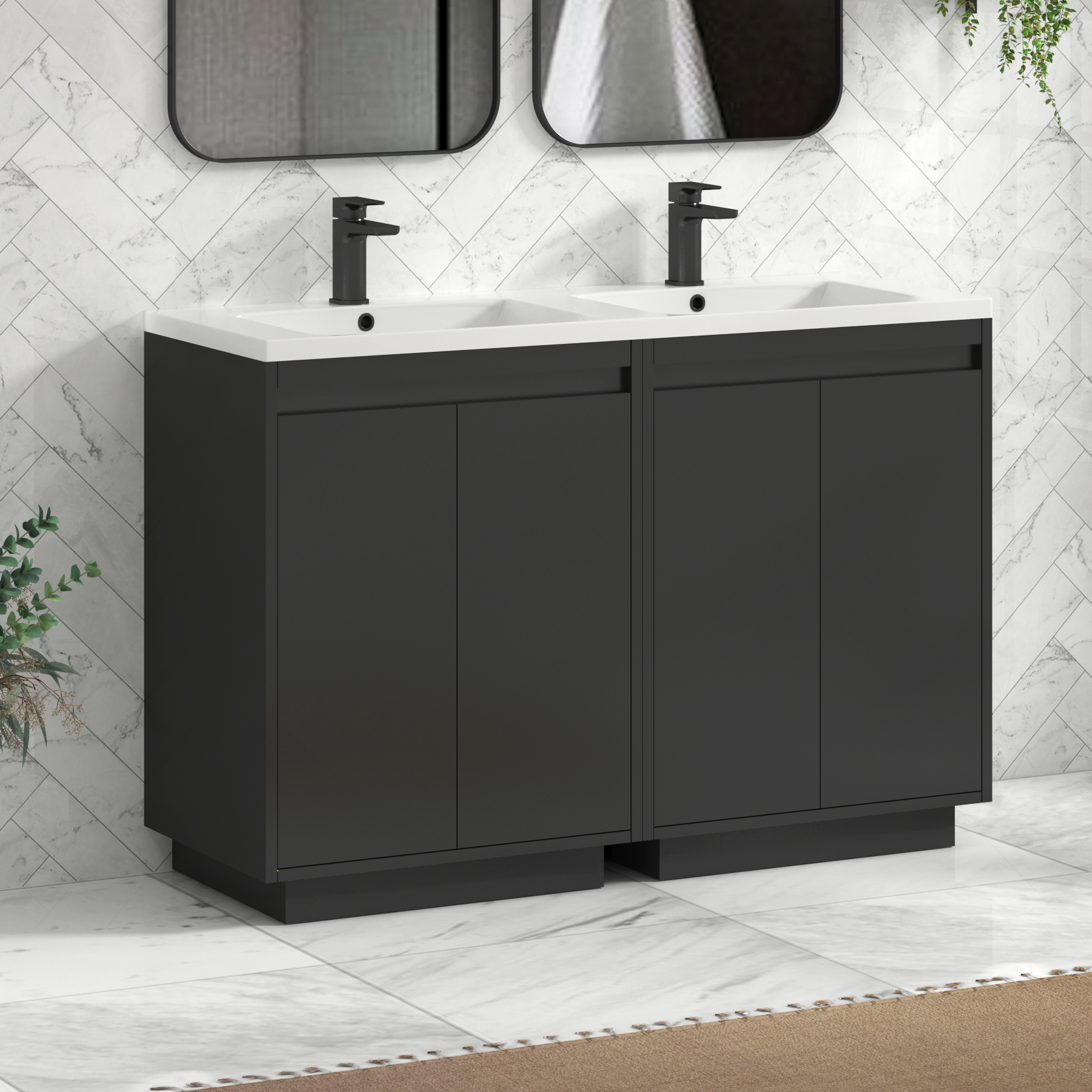 Orion 1200mm Matt Obsidian Black 4 Door Floor Standing Vanity Unit with Ceramic Basin & Accent Trim