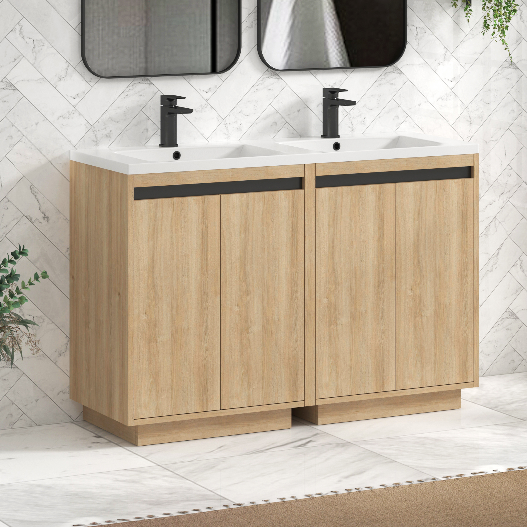 Orion 1200mm Natural Oak 4 Door Floor Standing Vanity Unit with Ceramic Basin & Accent Trim