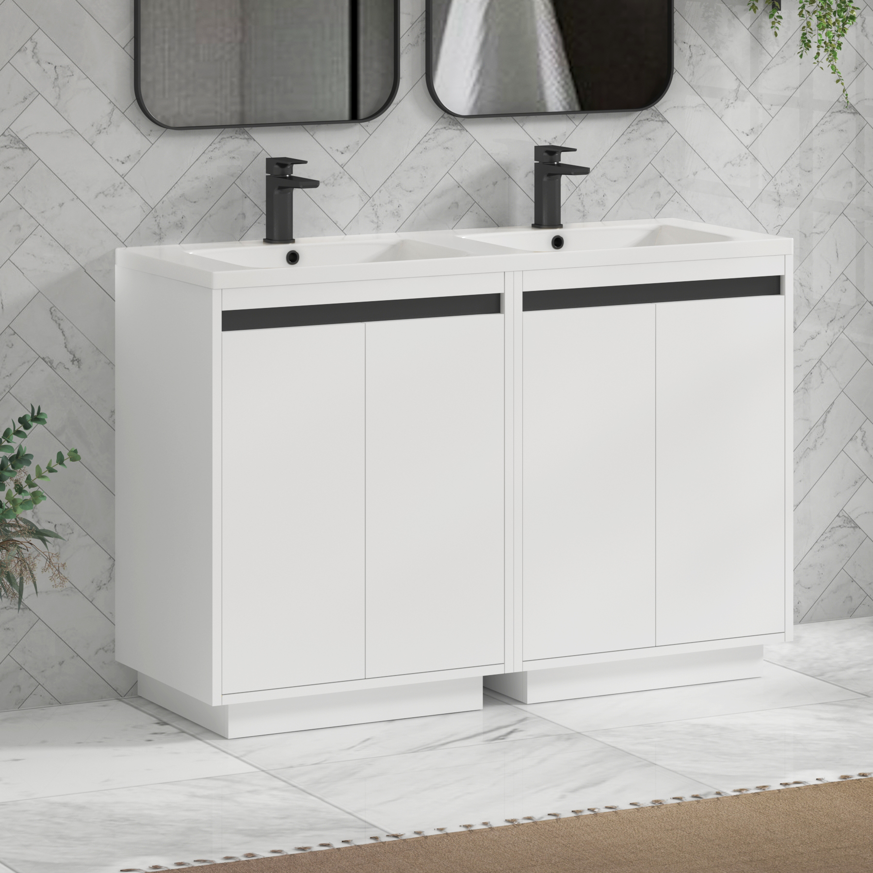 Orion 1200mm Matt White 4 Door Floor Standing Vanity Unit with Ceramic Basin & Accent Trim