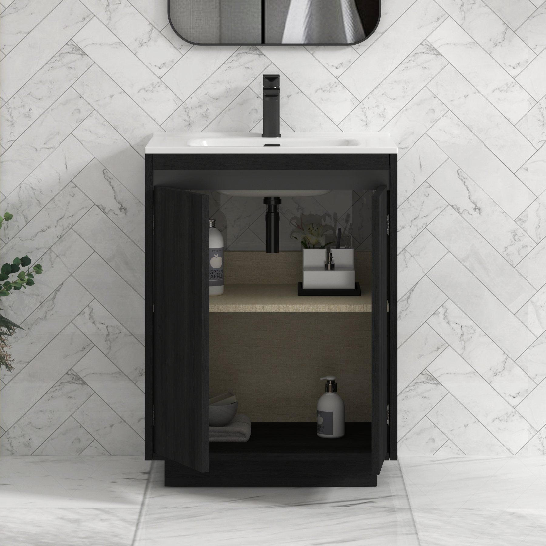 Orion Floor Standing Vanity Unit 2 Door Hale Black with Ceramic Basin & Accent Trim