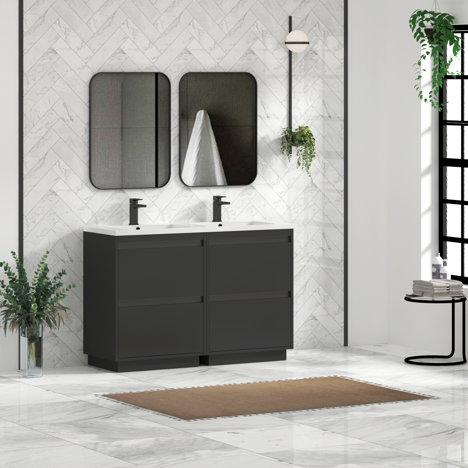 Orion 1200mm Matt Obsidian Black 4 Drawer Floor Standing Vanity Unit with Ceramic Basin & Accent Trim