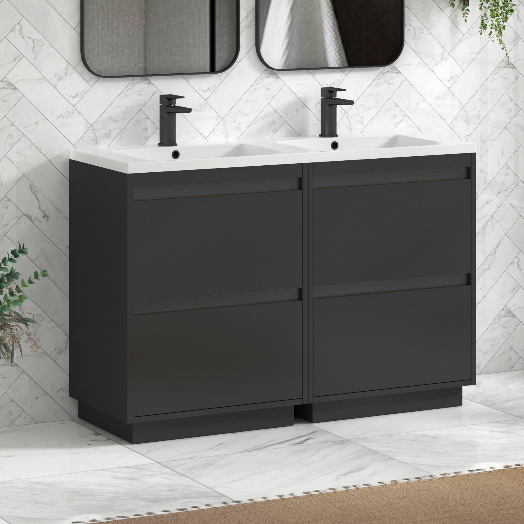 Orion 1200mm Matt Obsidian Black 4 Drawer Floor Standing Vanity Unit with Ceramic Basin & Accent Trim