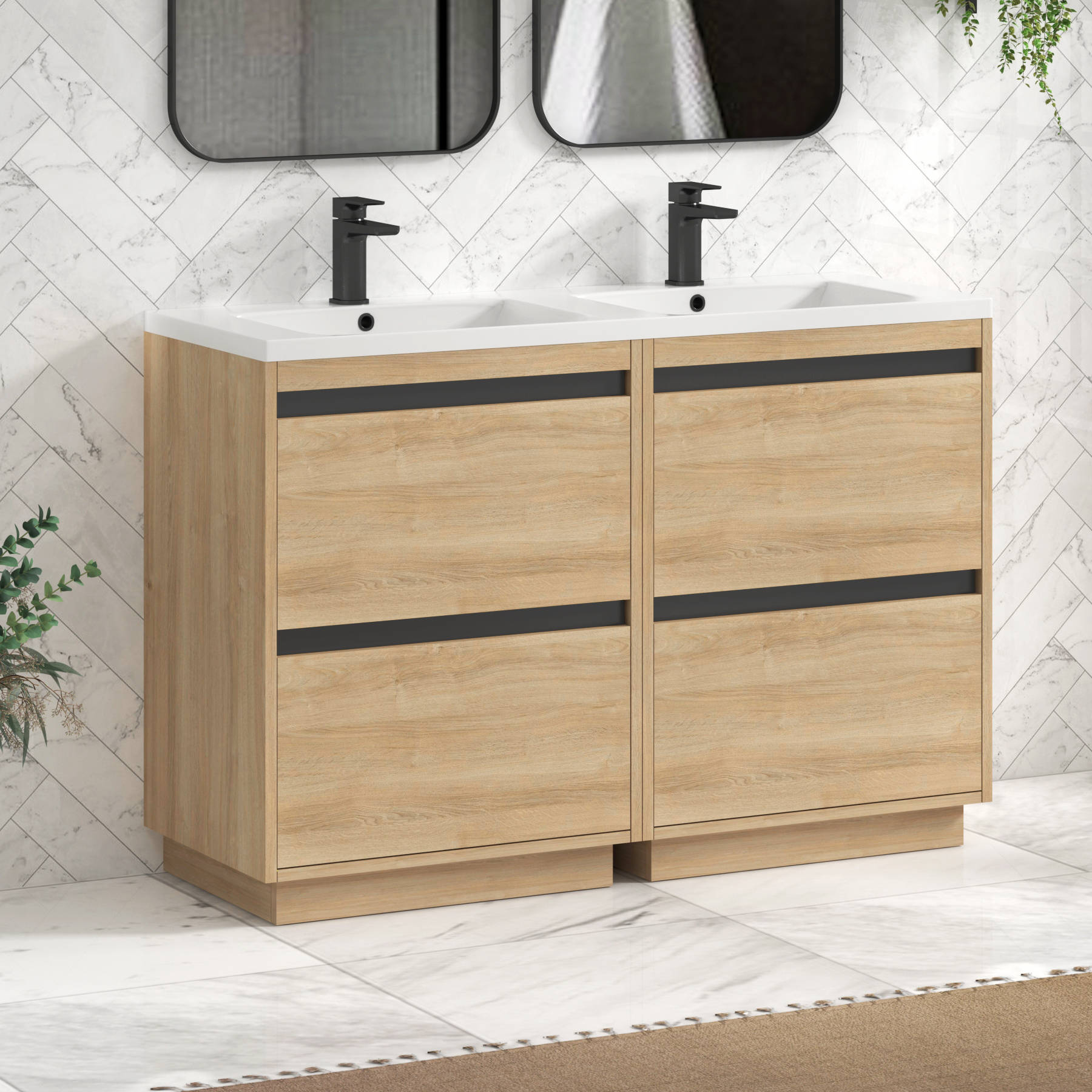 Orion 1200mm Natural Oak 4 Drawer Floor Standing Vanity Unit with Ceramic Basin & Accent Trim