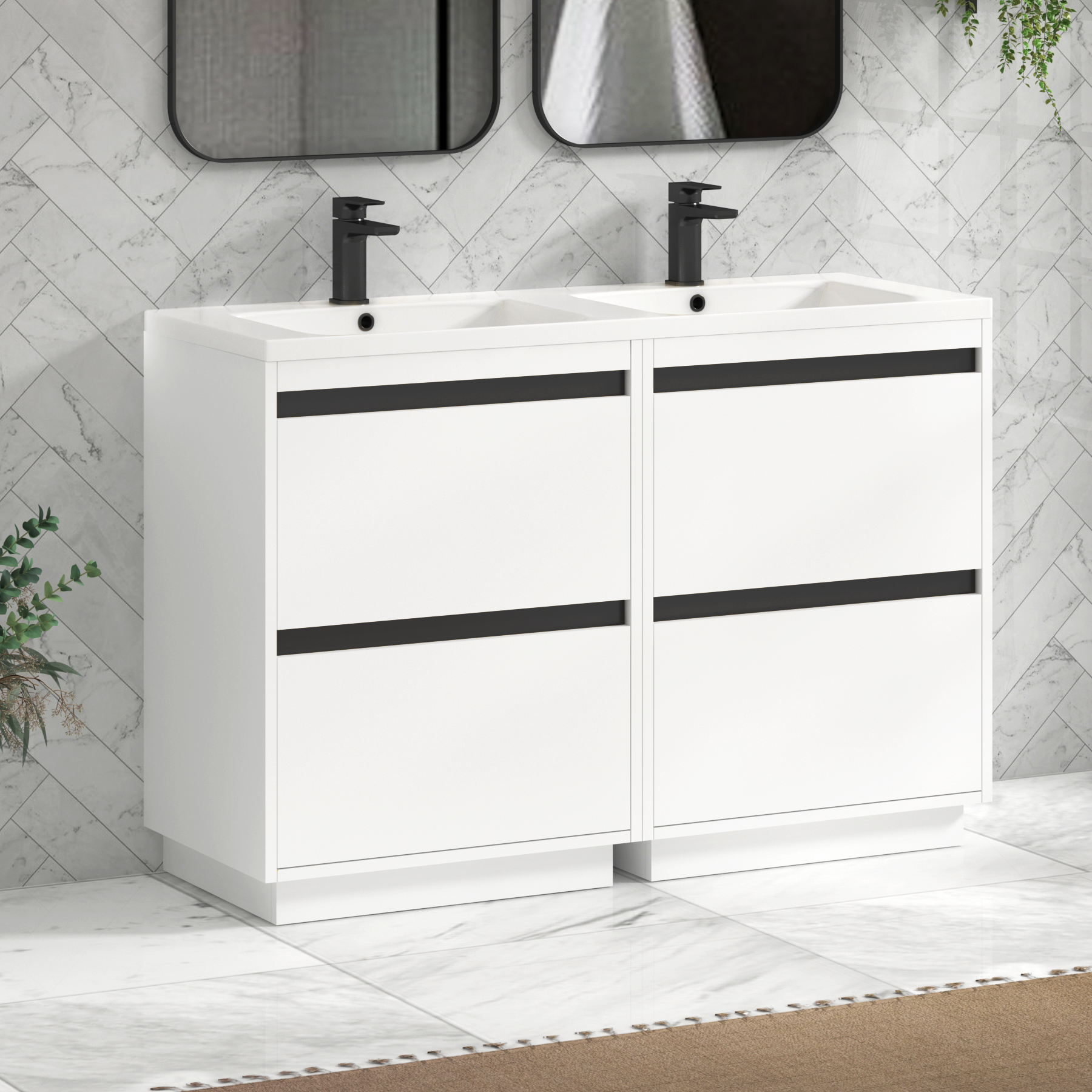 Orion 1200mm Matt White 4 Drawer Floor Standing Vanity Unit with Ceramic Basin & Accent Trim
