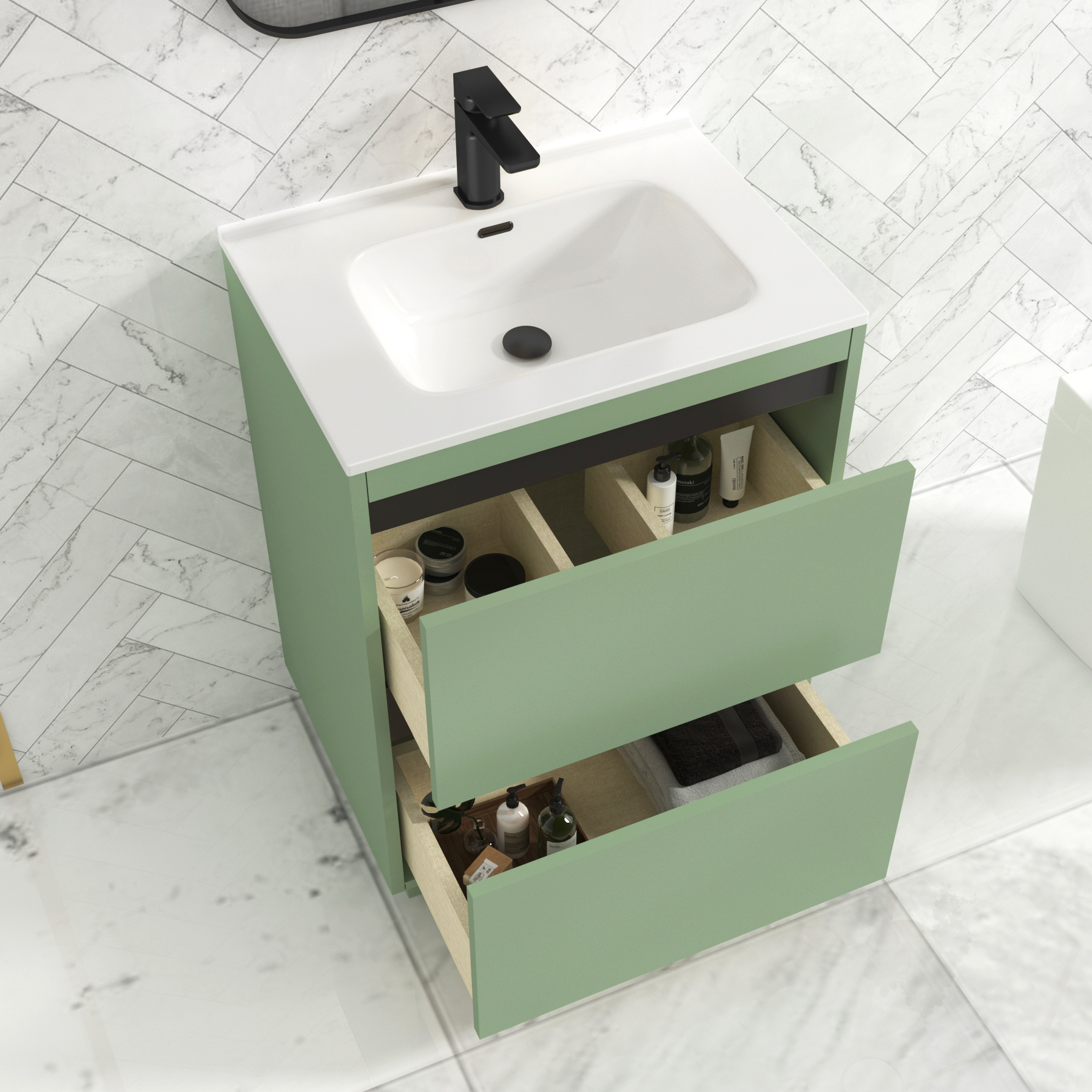 Orion Mint Sage 2 Drawer Floor Standing Vanity Unit with Ceramic Basin