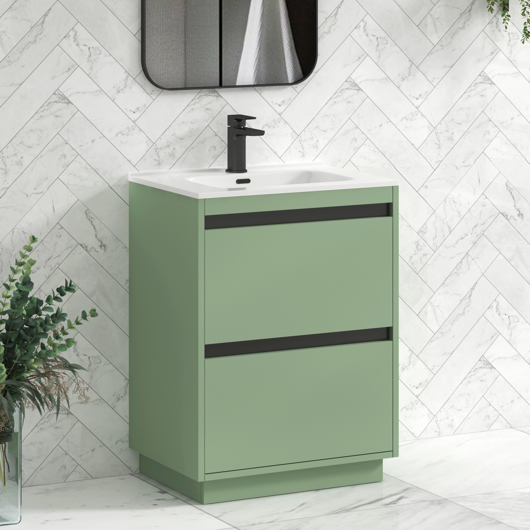 Orion Mint Sage 2 Drawer Floor Standing Vanity Unit with Ceramic Basin