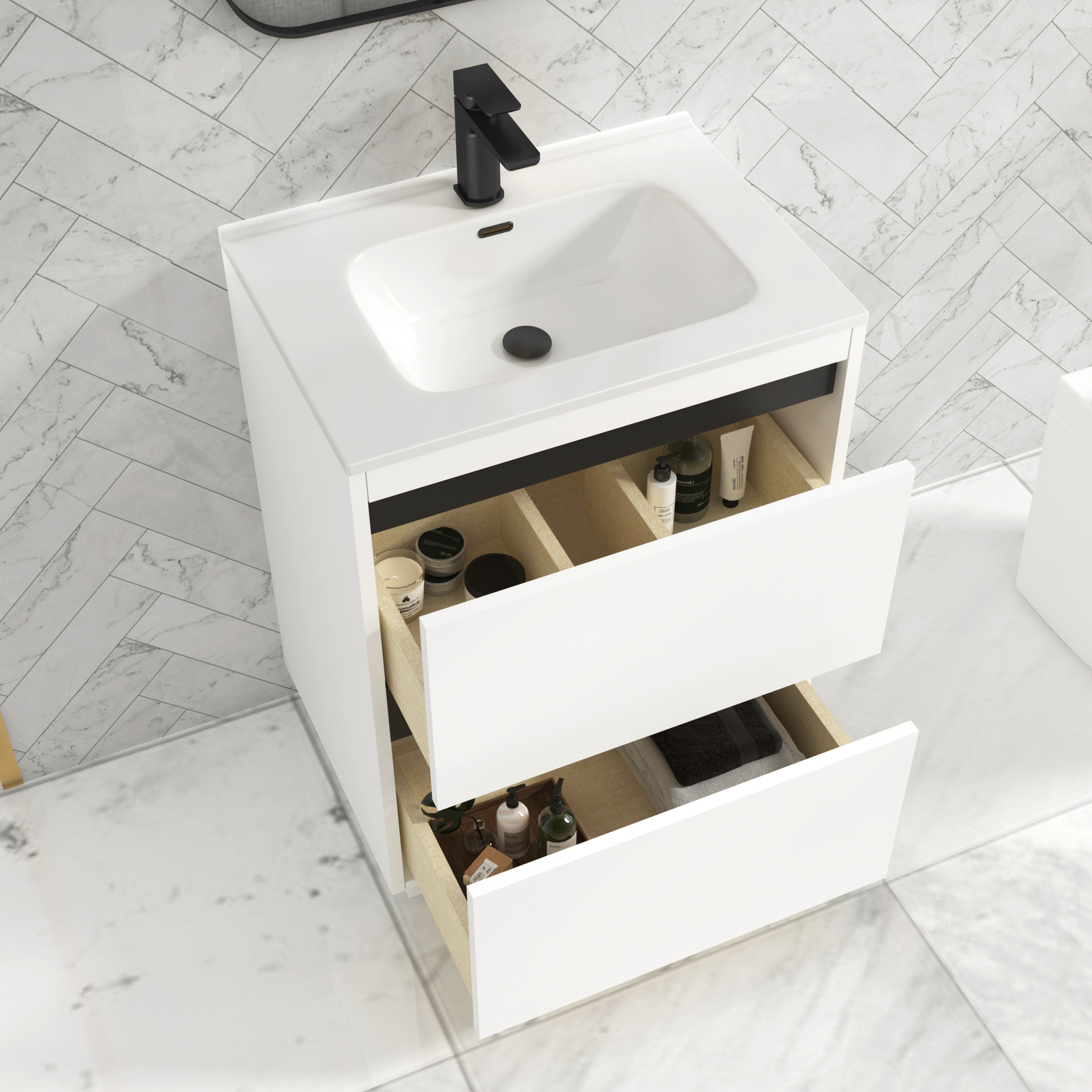 Orion Matt White 2 Drawer Floor Standing Vanity Unit with Ceramic Basin
