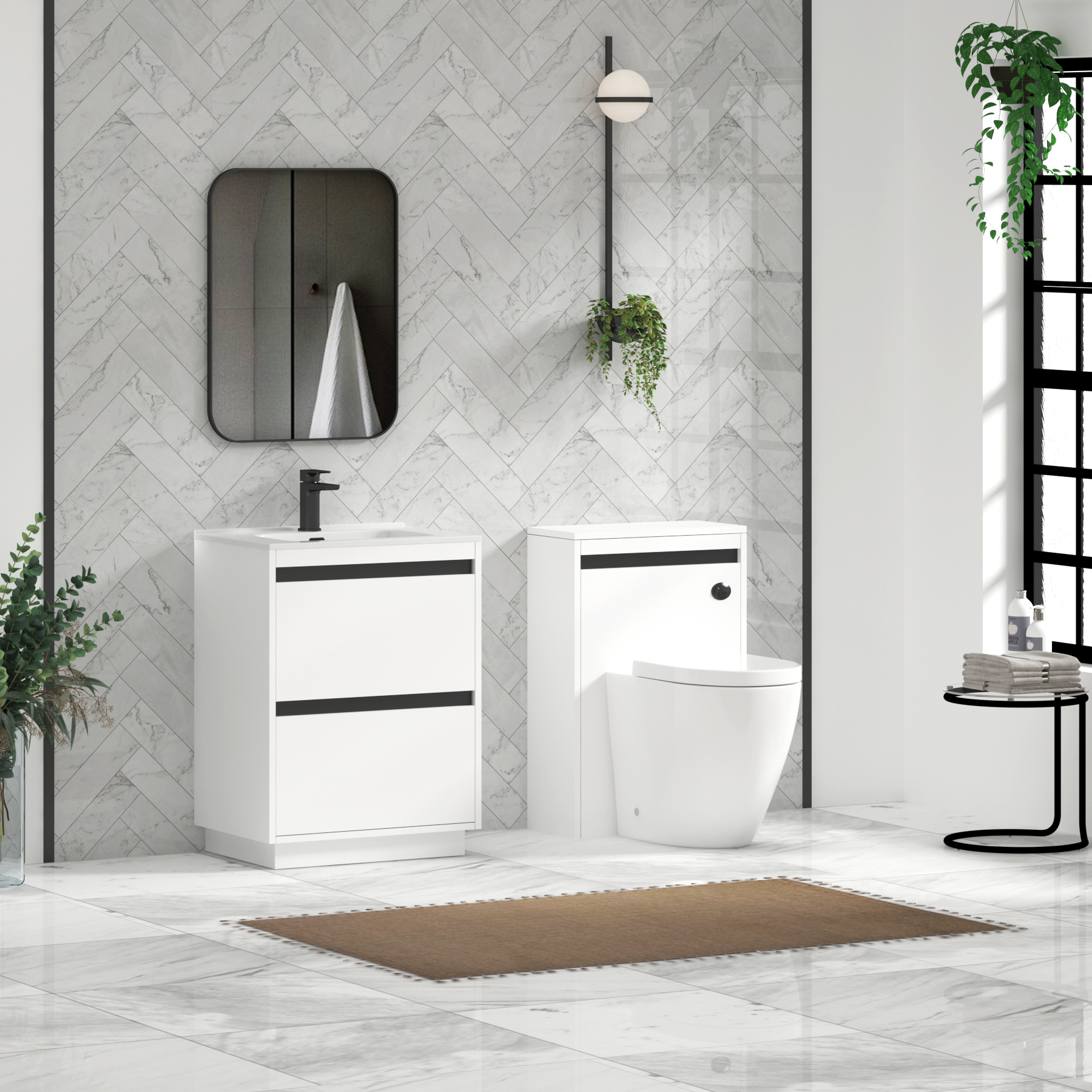 Orion Matt White 2 Drawer Floor Standing Vanity Unit with Ceramic Basin