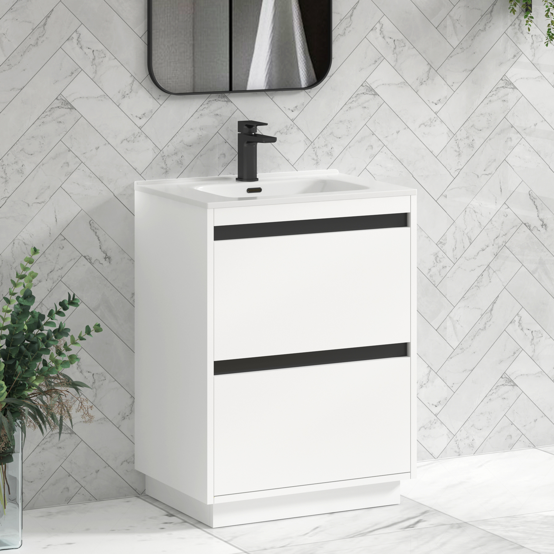 Orion Matt White 2 Drawer Floor Standing Vanity Unit with Ceramic Basin
