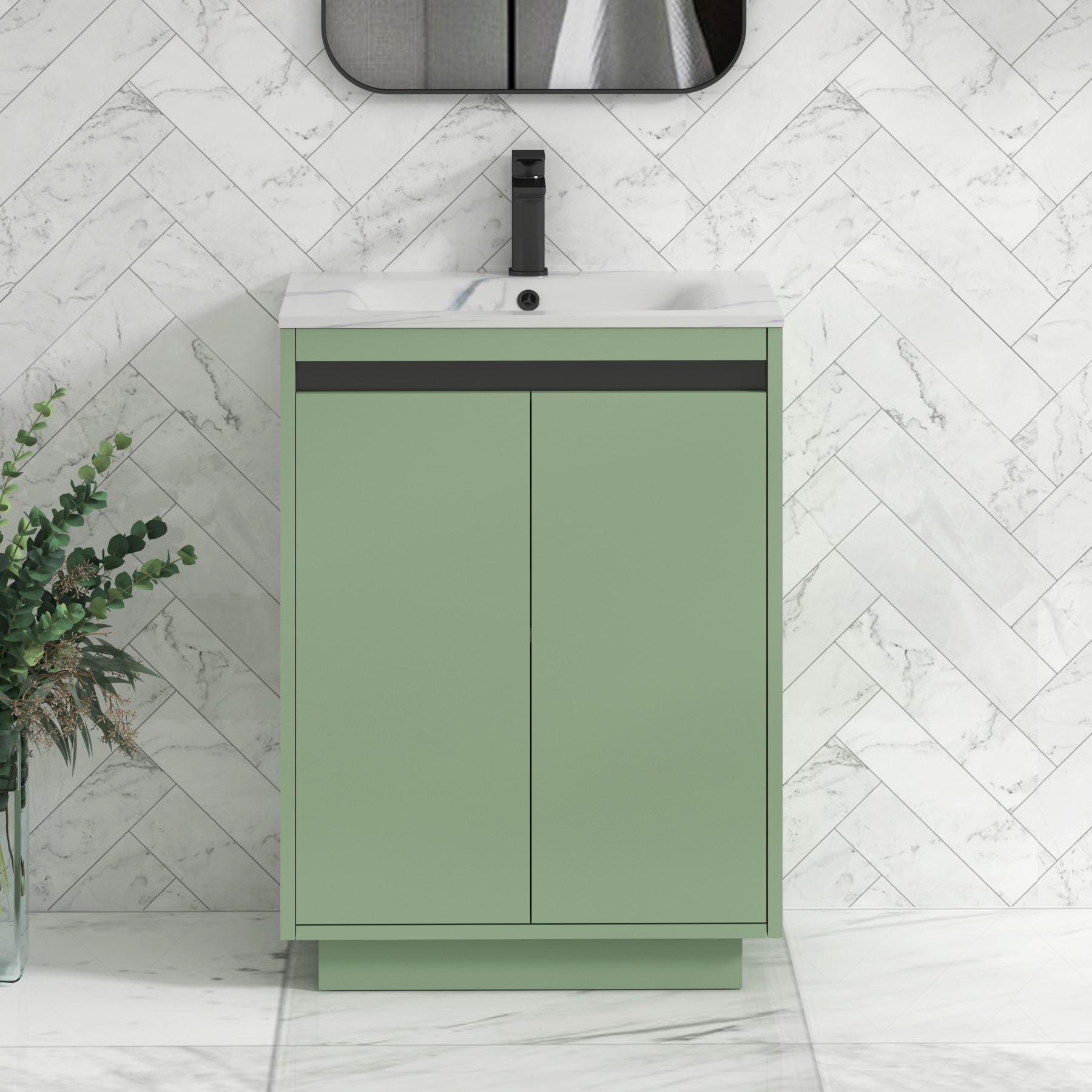 Orion Floor Standing Vanity Unit 2 Door Mint Sage with Carrara White Basin