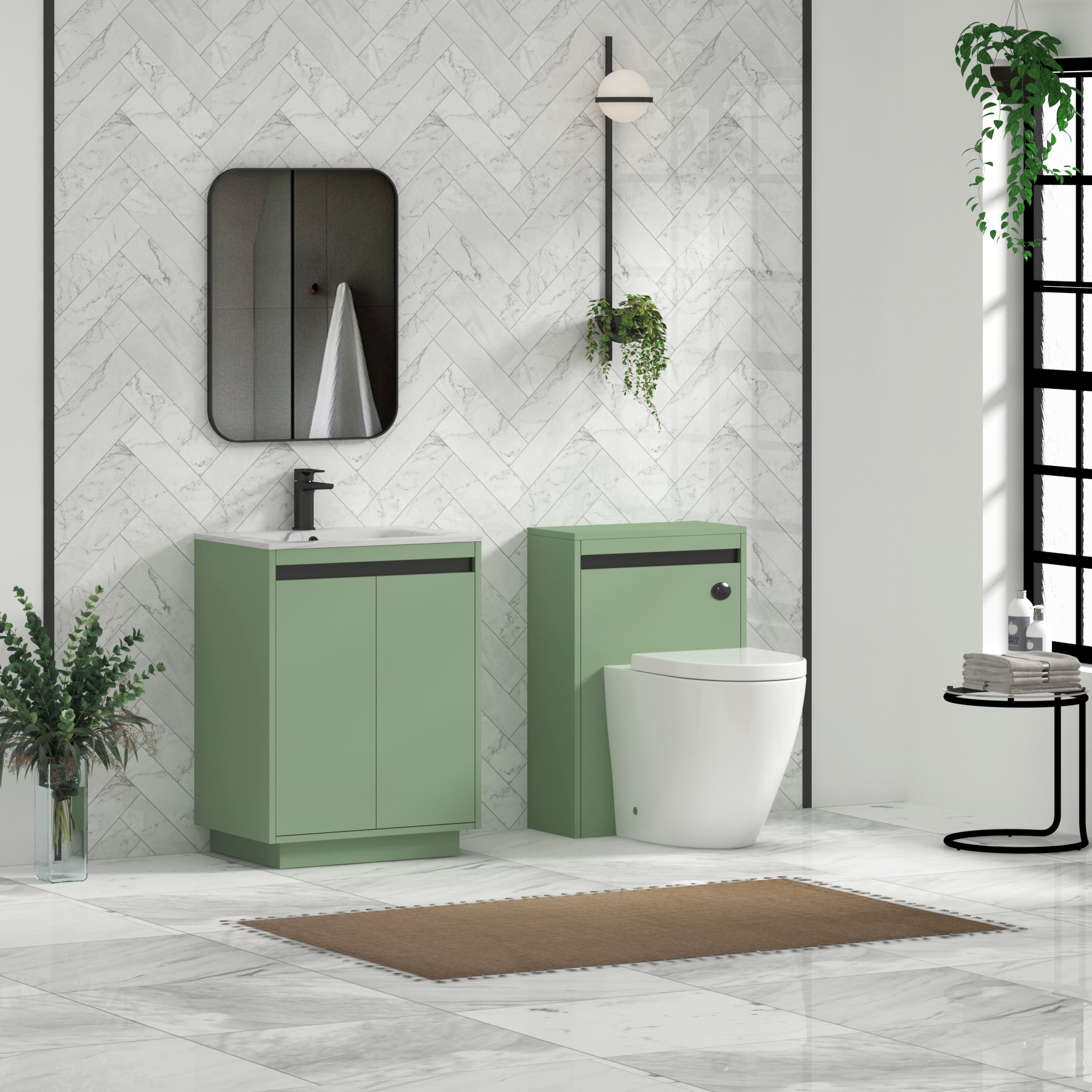 Orion Floor Standing Vanity Unit 2 Door Mint Sage with Carrara White Basin