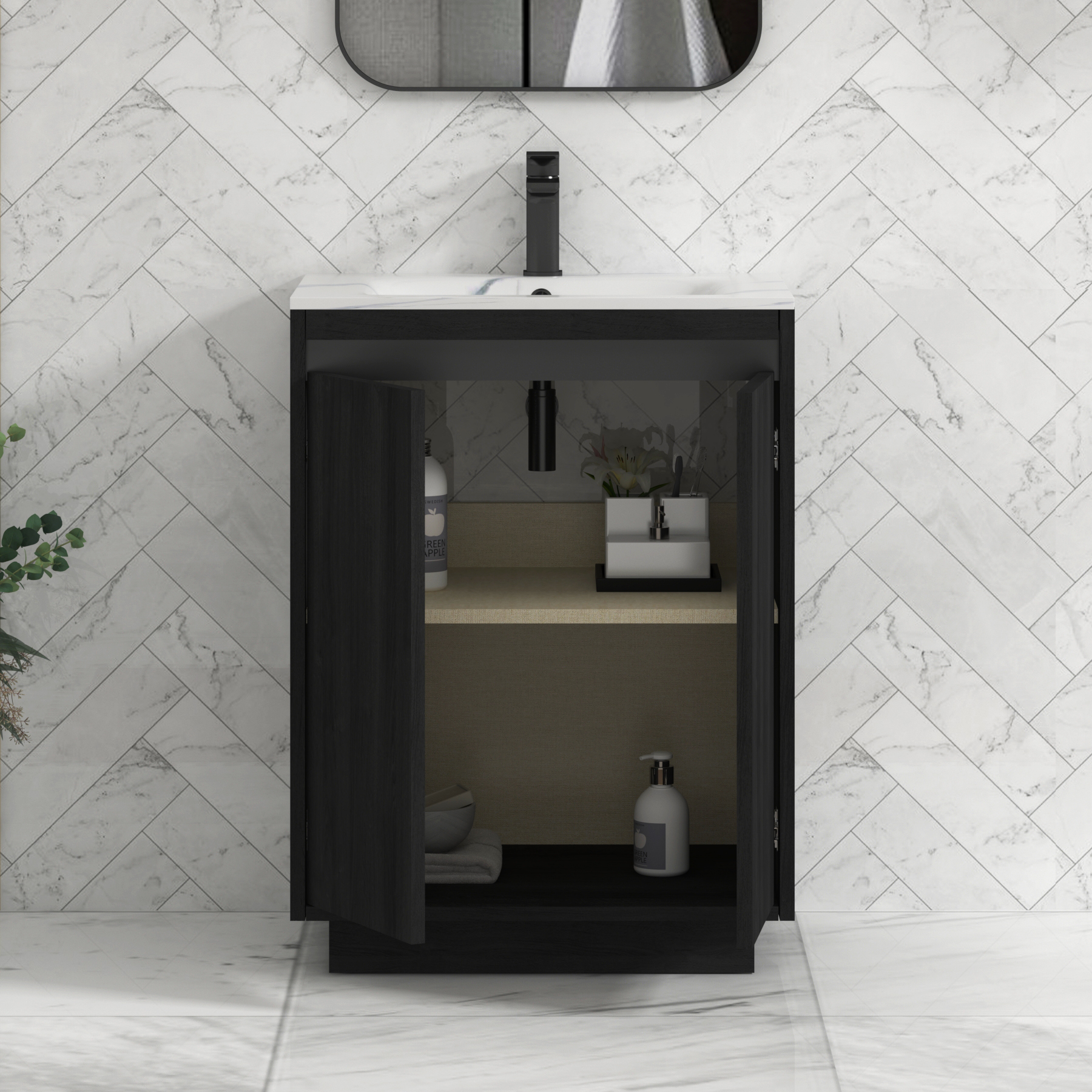 Orion Floor Standing Vanity Unit 2 Door Hale Black with Carrara White Basin & Accent Trim
