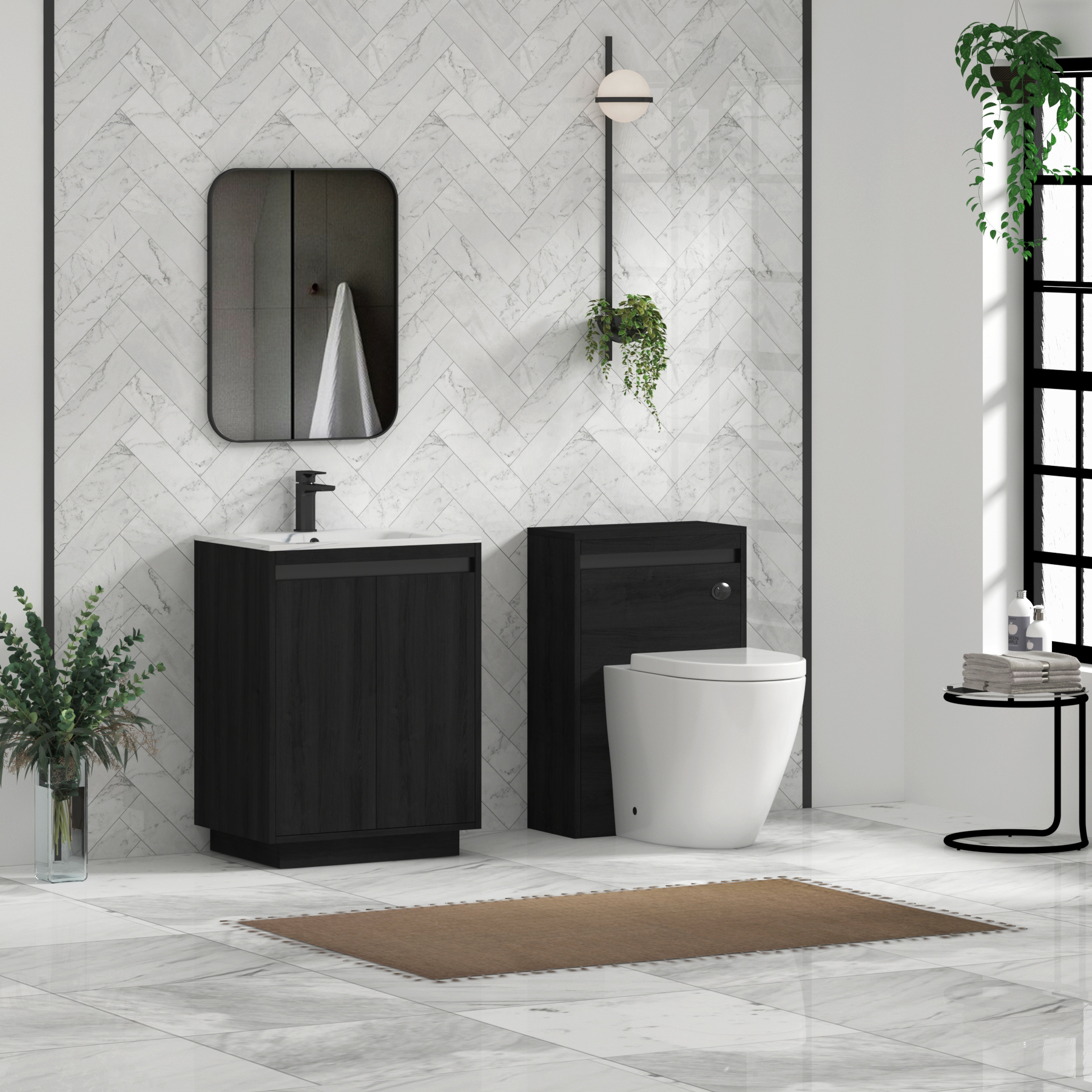Orion Floor Standing Vanity Unit 2 Door Hale Black with Carrara White Basin & Accent Trim