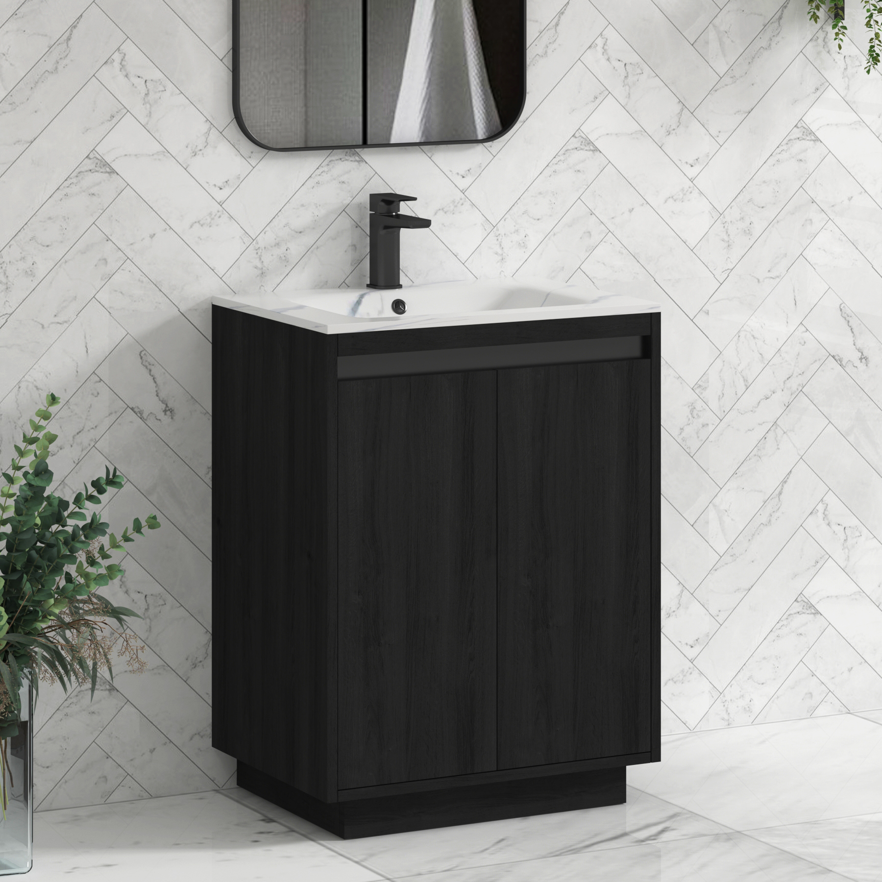 Orion Floor Standing Vanity Unit 2 Door Hale Black with Carrara White Basin & Accent Trim