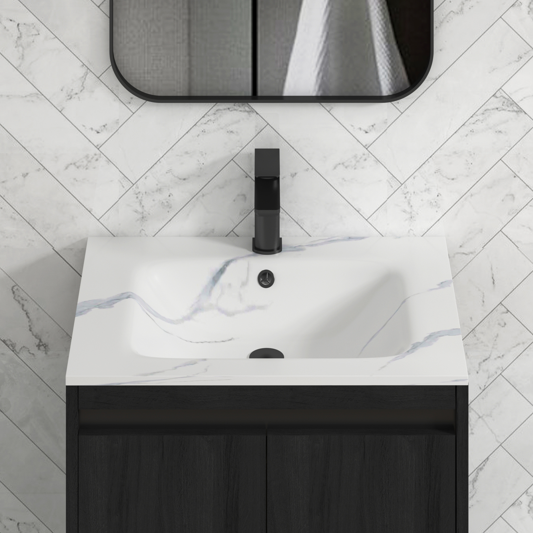 Orion Floor Standing Vanity Unit 2 Door Hale Black with Carrara White Basin & Accent Trim