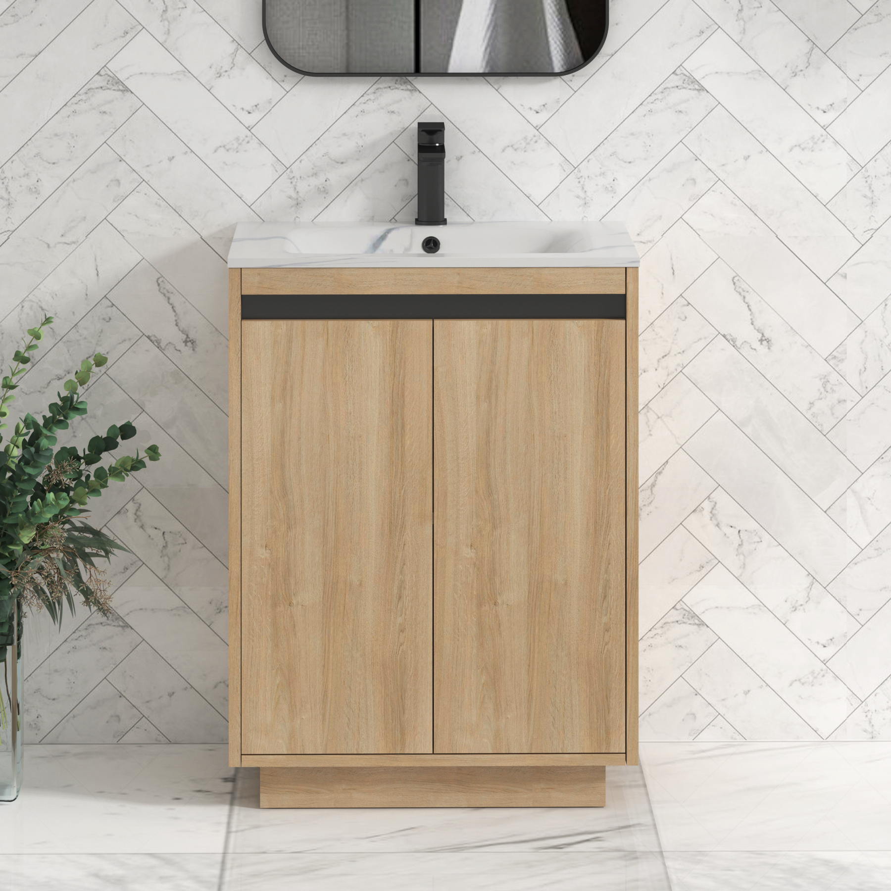 Orion 600mm Floor Standing Vanity Unit 2 Door Natural Oak with Carrara White Basin & Black Accent Trim