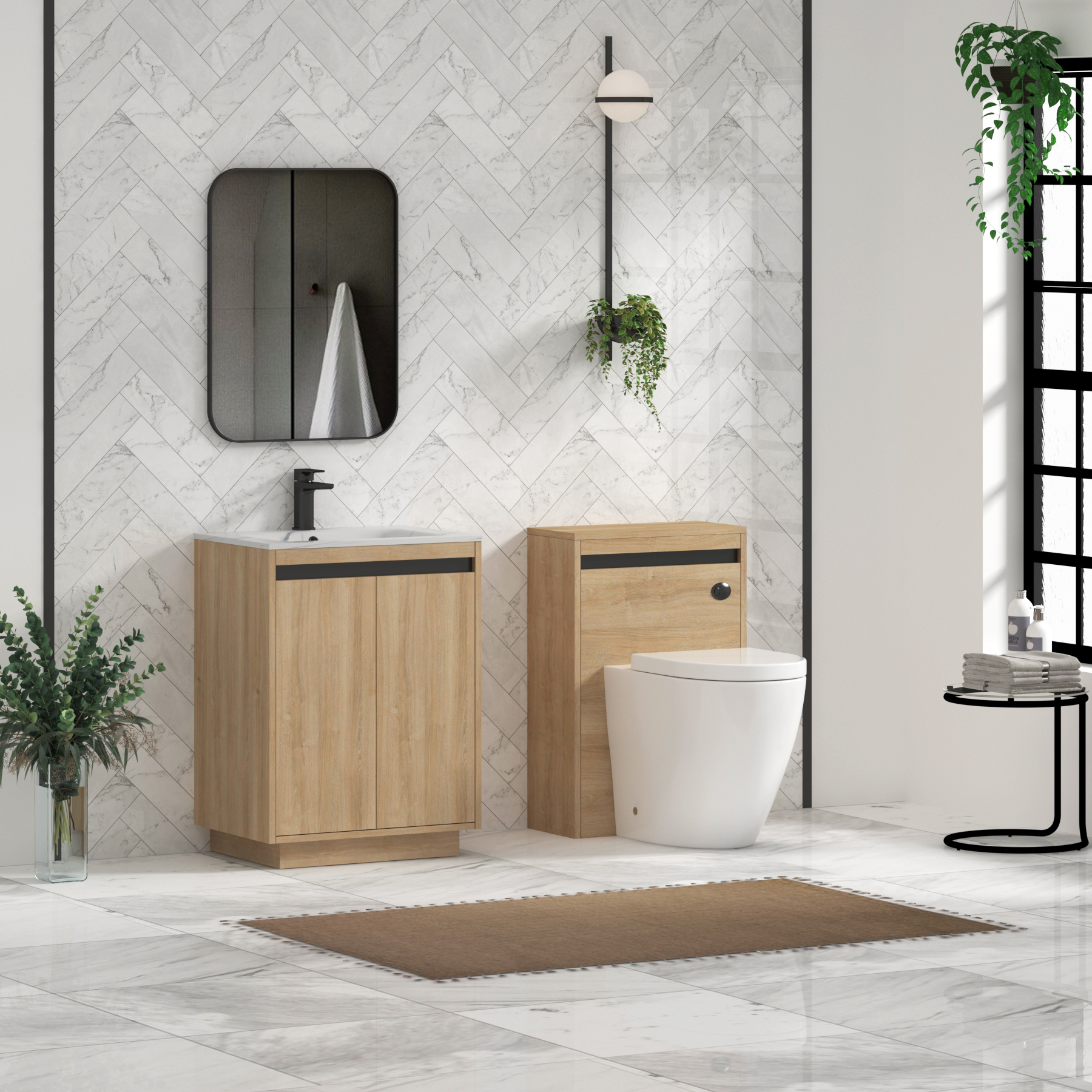 Orion Floor Standing Vanity Unit 2 Door Natural Oak with Carrara White Basin
