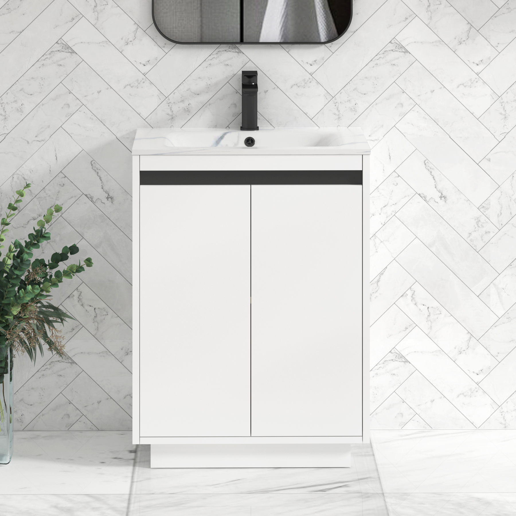 Orion Floor Standing Vanity Unit 2 Door Matt White with Carrara White Basin