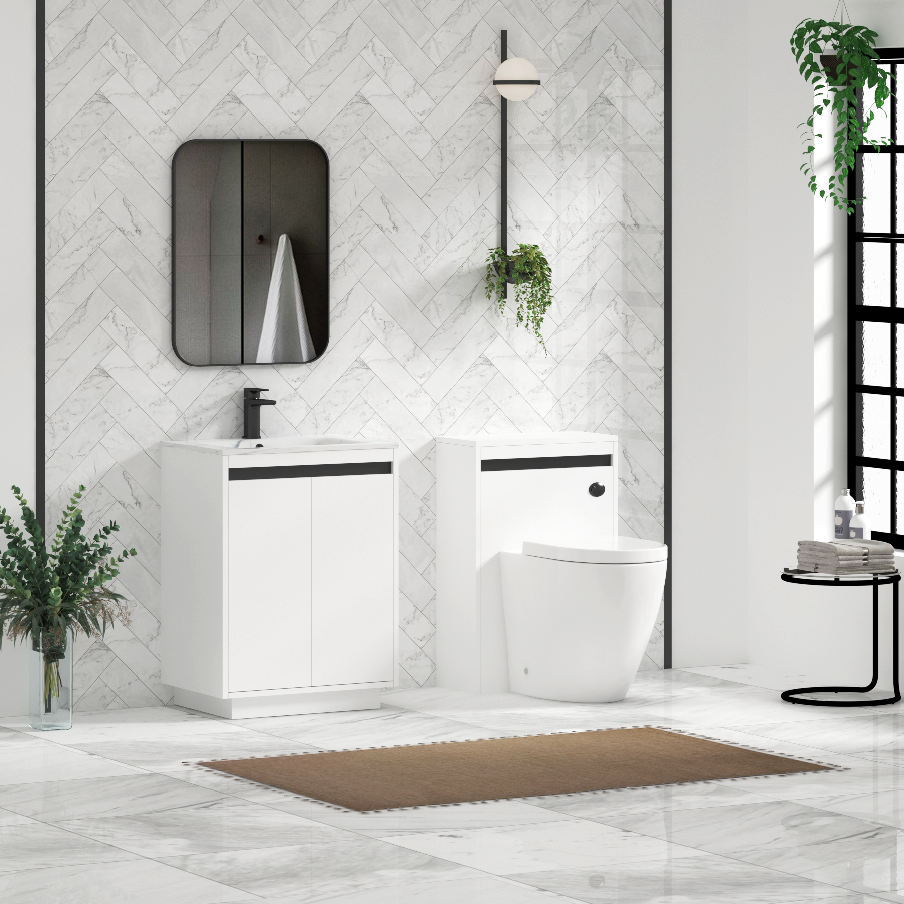 Orion Floor Standing Vanity Unit 2 Door Matt White with Carrara White Basin