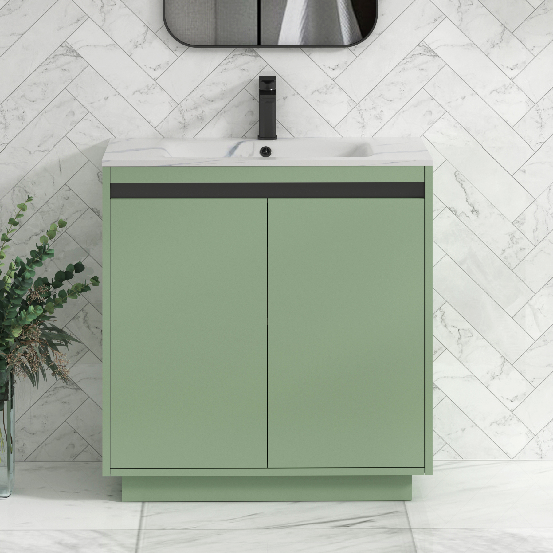 Orion Floor Standing Vanity Unit 2 Door Mint Sage with Carrara White Basin